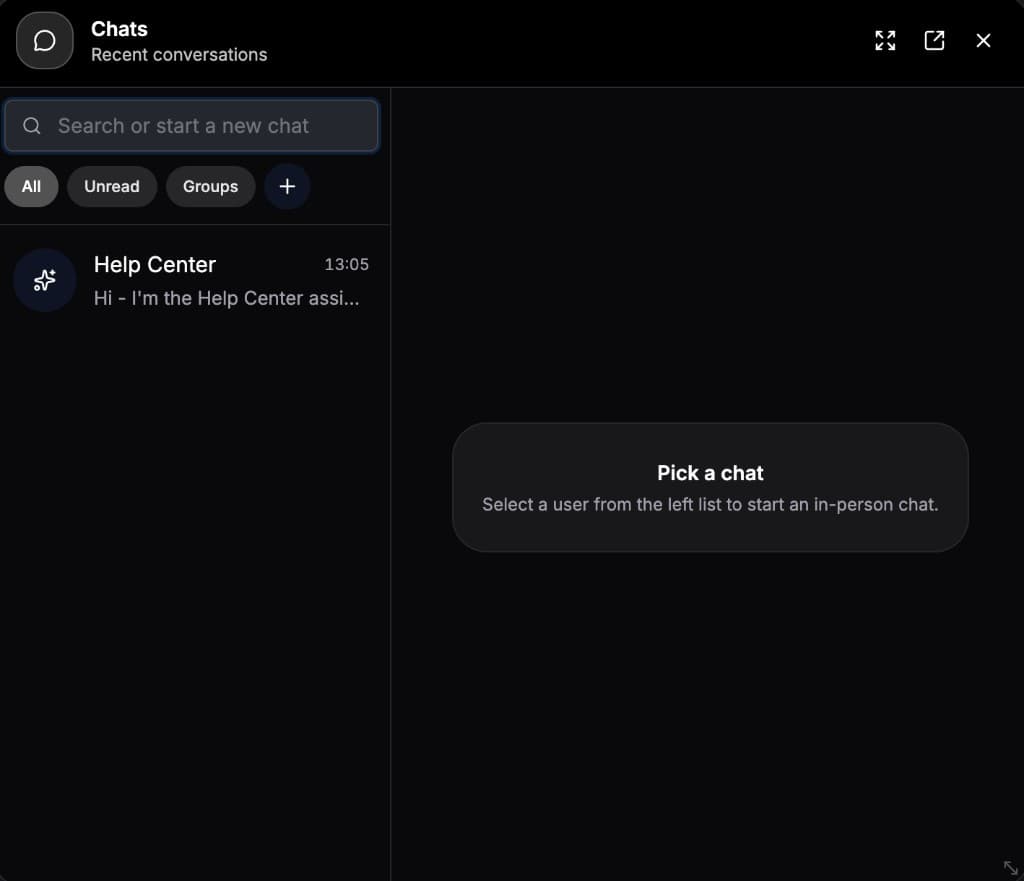 Droot ERP Help Center chat with recent conversations and in-app AI assistant