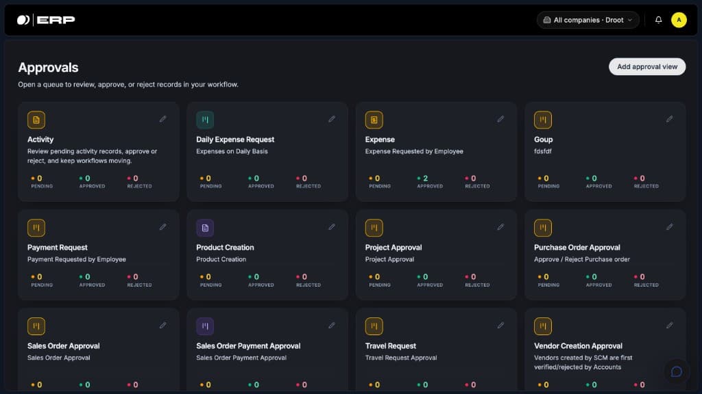 Droot ERP Approvals workspace with activity, expense, payment and purchase approval queues