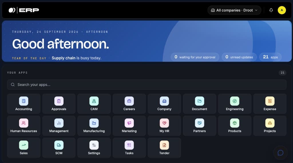 Droot ERP home with apps for accounting, projects, supply chain, HR and more